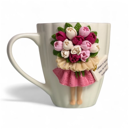 Cană decorată manual cu figură 3D și buchet de lalele