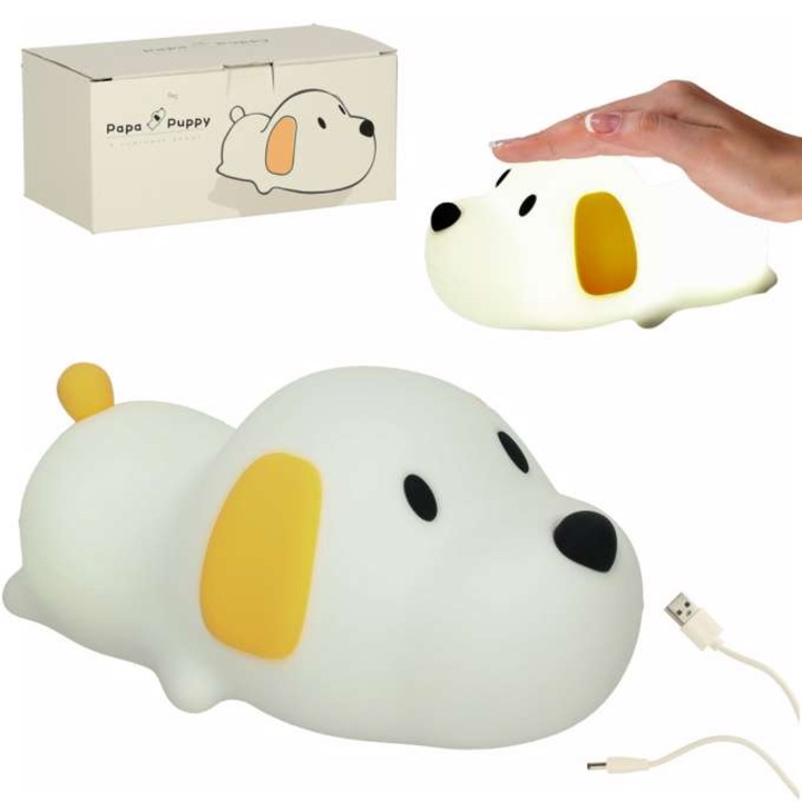 Gyermek éjjeli lámpa, szilikon, LED, USB, fehér, kutya