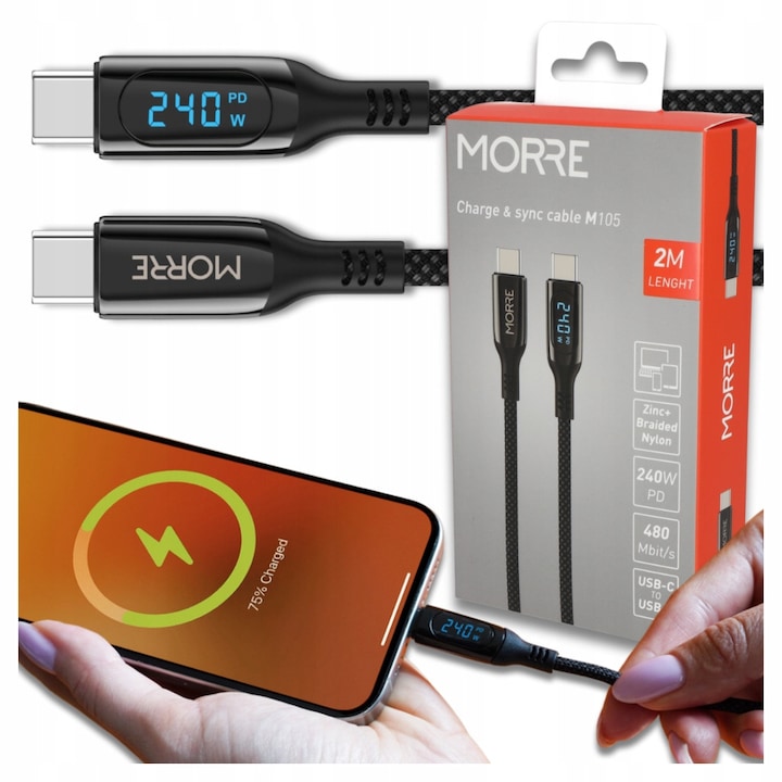 Cablu De Incarcare Pentru Telefoane, Morre, Tip C La Tip C, Incarcare Super Rapida 240W, Putere Maxima 240W, Curent Pana La 5A, Ecran Lcd Monitorizeaza Puterea In Timp Real, Transfer De Date Pana La 480 Mb/S, Lungime 2 m, Negru