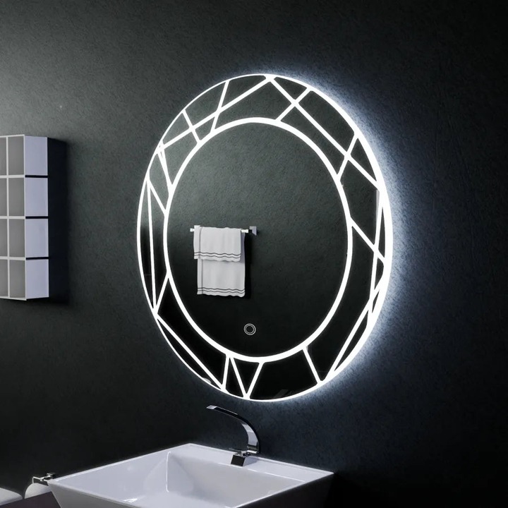 Oglinda LED Touch, 70x70 cm, Rotunda, Lumina Rece, 24W, Design Modern