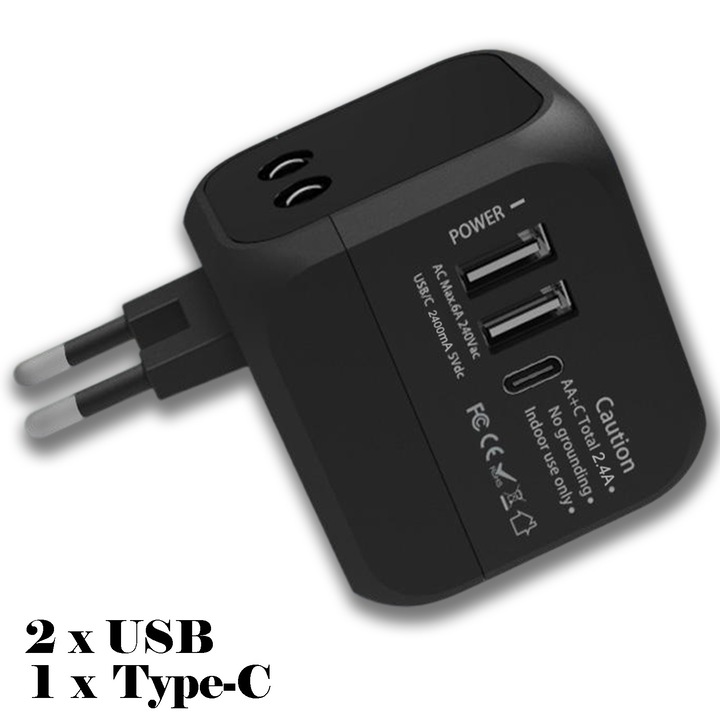 Adaptor universal priza, Beeherb®, 2 x USB, 1 x Type-C, 1 x AC, 2.4A putere mare, compatibil cu Europa / SUA / Marea Britanie / Australia / China / Thailanda / Japonia, Caracasa din plastic retardant la flacari, cupru, Negru carbon