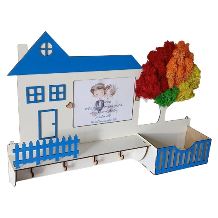 Suport chei MDF cu licheni stabilizati, design casa, compartiment pentru telefon, 35x53cm