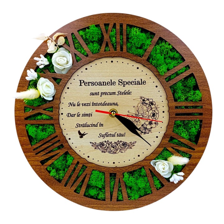 Ceas de perete decorat cu licheni, personalizat cu mesaj pentru Nasi/Fini/Familie, 30cm, nuc