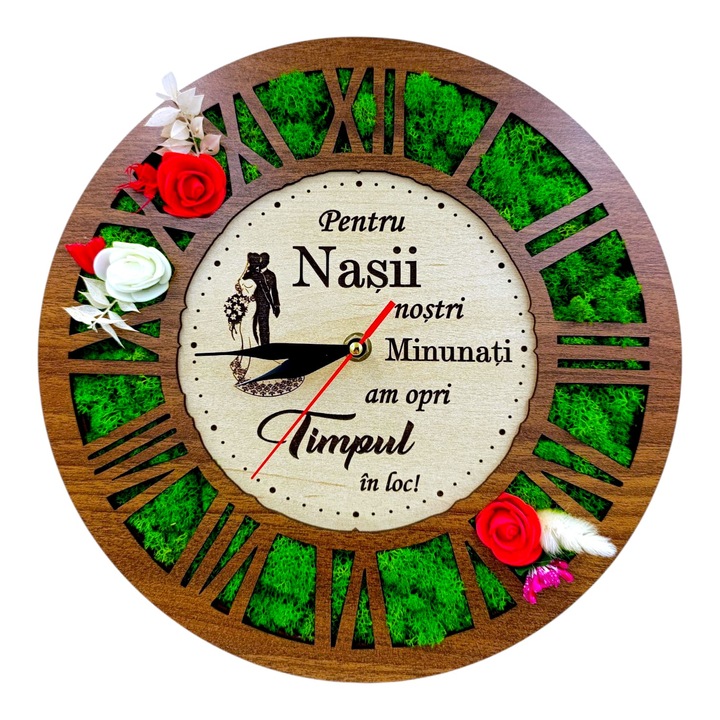 Ceas de perete decorat cu licheni, personalizat cu mesaj pentru Nasi, 30cm, nuc