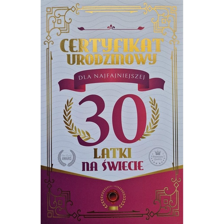 Felicitare YEKU Certificat Urodzinowy 30 ani, umoristic, cu plic