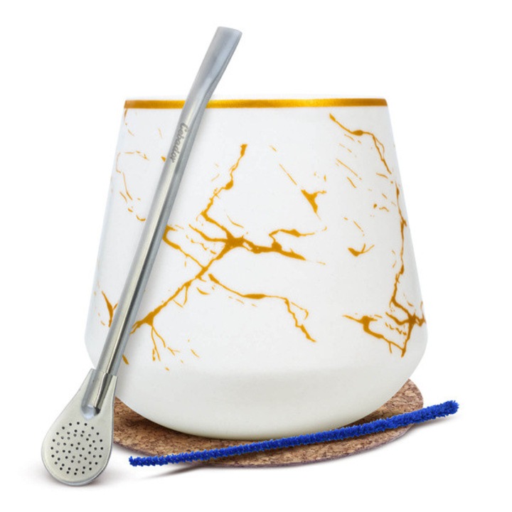 Ceai Yerba Mate Set, Cana Ceramica Aurora, Alb, 220 ml, Bombilla Paie Mercedes