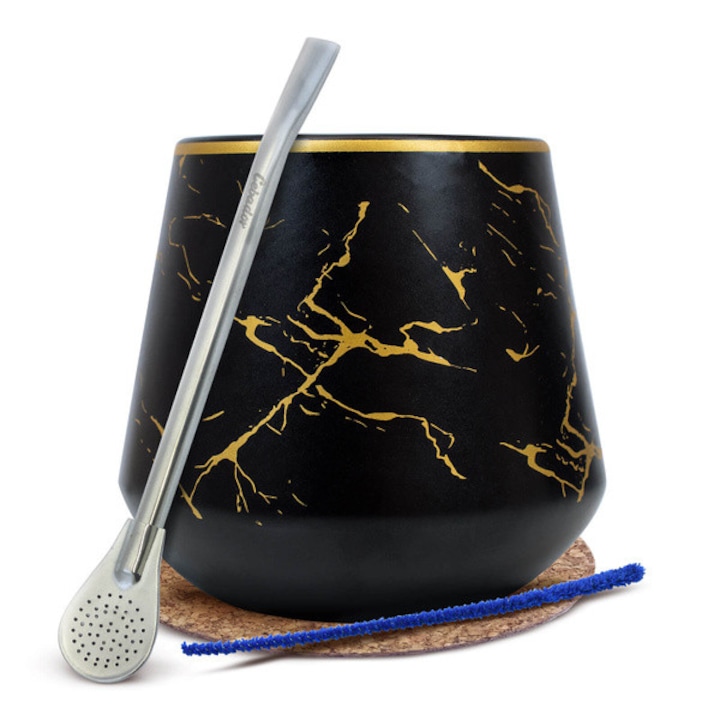 Ceai Yerba Mate Set, Cana Ceramica Nocturne Negru, 220 ml, Bombilla Paie Mercedes