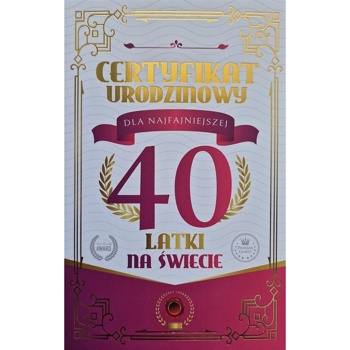 Karnet felicitare YEKU certificat urodzinowy, 40 ani, cu zambete, set cu envelopa