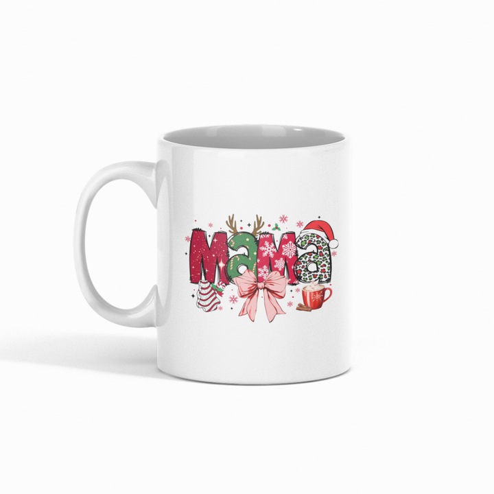 Cana personalizata, alba cu interior si maner alb, 350ml, Colectia Craciun, Text Mama, Model 11