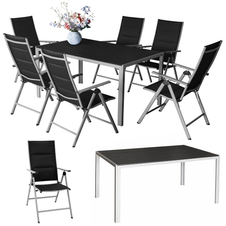 Set mobilier gradina JUMI, 6 fotolii si masa, reglabil, rezistent la intemperii, multicolor, dimensiuni masa 150x90x72,5cm, fotoliu 88-105x54x63cm