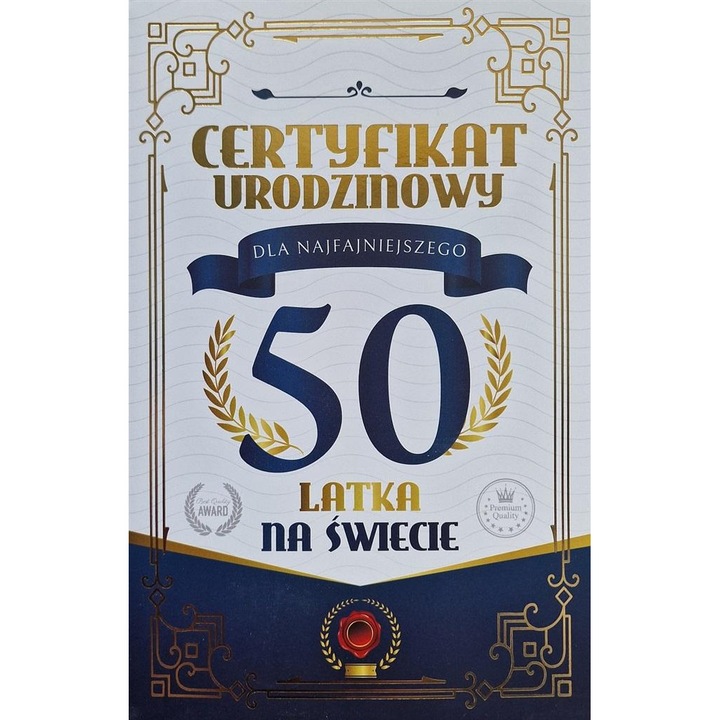 Karnet felicitare, YEKU, certificat urodzinowy, 50 ani, cu zambete, set cu envelopa