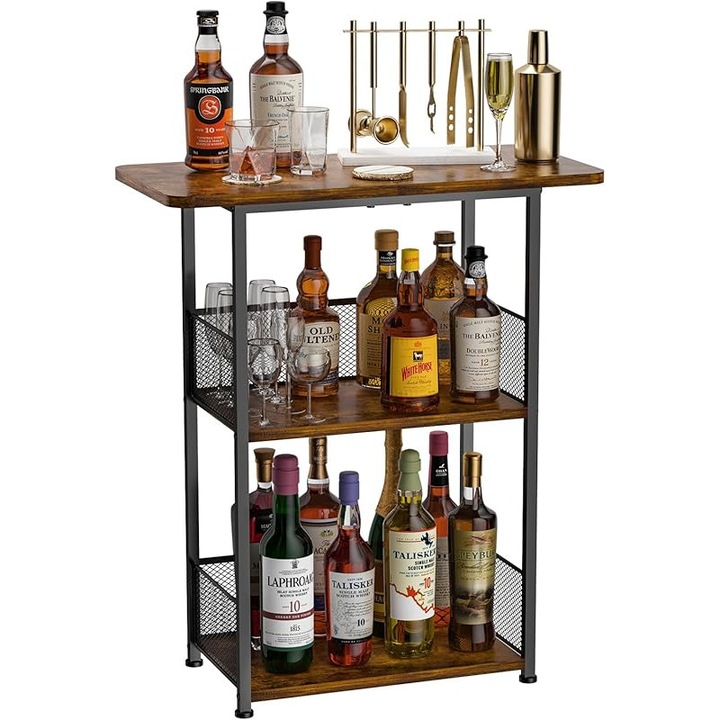 Suport pentru sticle de whisky Taotigzu pe podea, mini bar cu 3 niveluri, suport pentru vin si bauturi, dulap de colt elegant pentru sticle, shaker, pahare si accesorii de bar