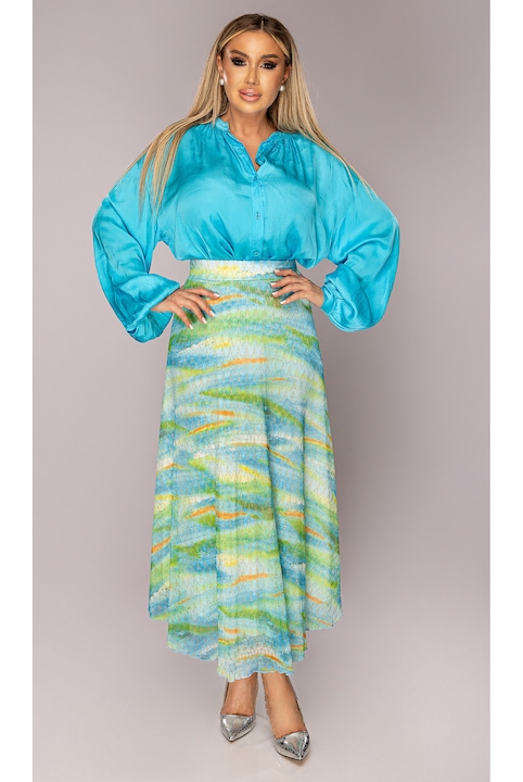 Fusta dama, lunga, verde, degrade, din lurex, plisata, talie elastic, One Size