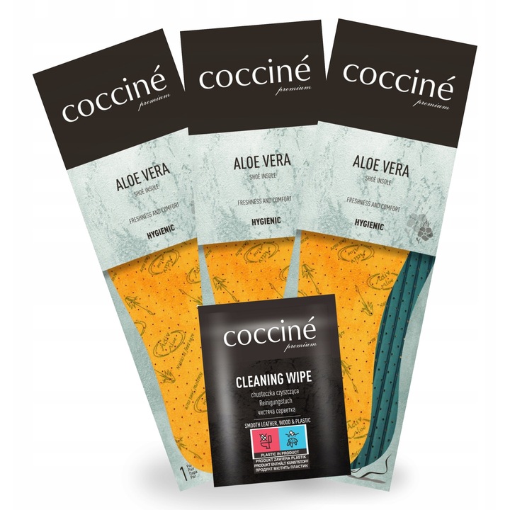Set 4 in 1, Coccine, Insertie parfumata cu aloe vera, Marime universala 36-46, 3 perechi de insertii, 1 servetel de curatare, Multicolor, Insertii pentru incaltaminte, Servetel din piele, Latex, Velur, Antibacterian, Antiperspirant, Flexibil