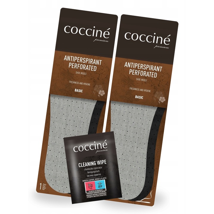 Set 3 in 1, Coccine, insertie antiperspiranta perforata, marimea 36-46, 2 perechi de insertii, servetel umed, multicolor, 1 servetel, spuma de latex, carbune activ, antibacterian, perforat