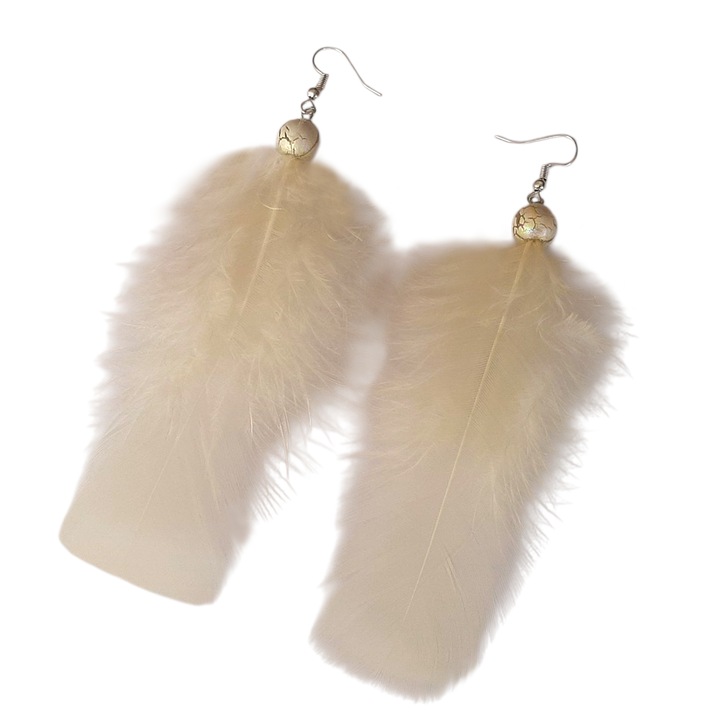 Cercei handmade in stil boem, Snow Feathers, cu pene si margele, alb, lungi, 12 cm