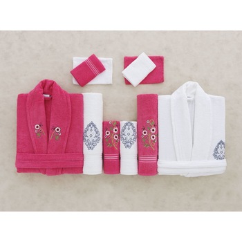 Set 10 piese Matrimonial 2 Halate si 6 Prosoape din Bumbac 100% Alb Roz si 2 manusi de baie Set 10 piese Matrimonial 2 Halate si 6 Prosoape din Bumbac 100% Alb Roz si 2 manusi de baie
