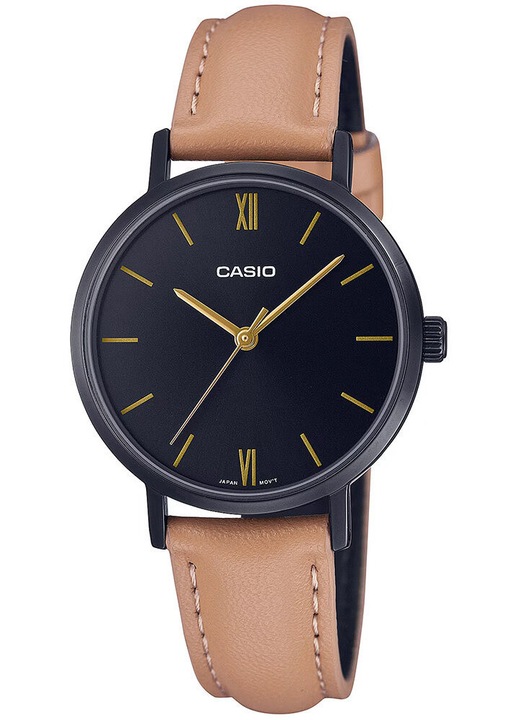 Ceas dama Casio LTP-VT02BL-1A, mecanism quartz, carcasa otel, curea piele, negru, 30x8mm, set cu cutie decorativa