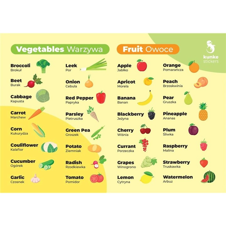 3 db-os oktató matrica szett, Kunke, gyümölcsök és zöldségek, többszínű, A5