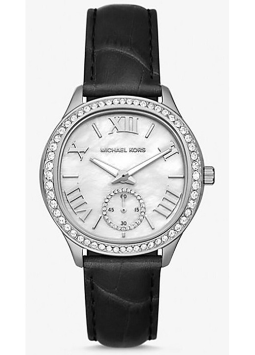 Ceas dama Michael Kors SAGE, otel inoxidabil argintiu, curea piele neagra, 38x12mm, set cu cutie cadou