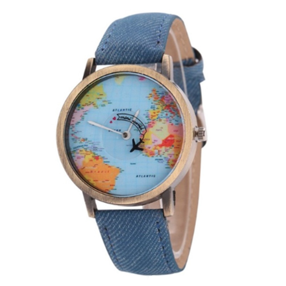 Ceas barbatesc pentru barbati cu secundar avion aviator si cadran glob harta lumii mapamond (Ambalaj CUTIE cu pernita), Bronz