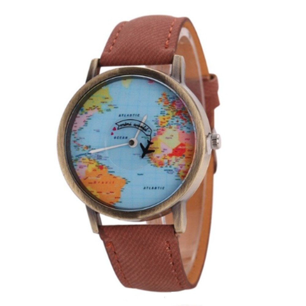 Ceas barbatesc pentru barbati cu secundar avion aviator si cadran glob harta lumii mapamond (Ambalaj CUTIE cu pernita), Bronz