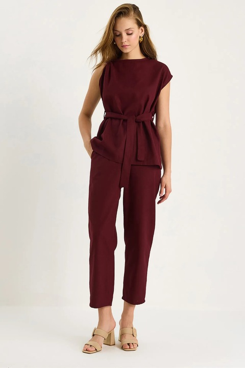 Compleu dama, HiCCUP, tunica scurta si pantaloni, visiniu, bumbac texturat, M INTL