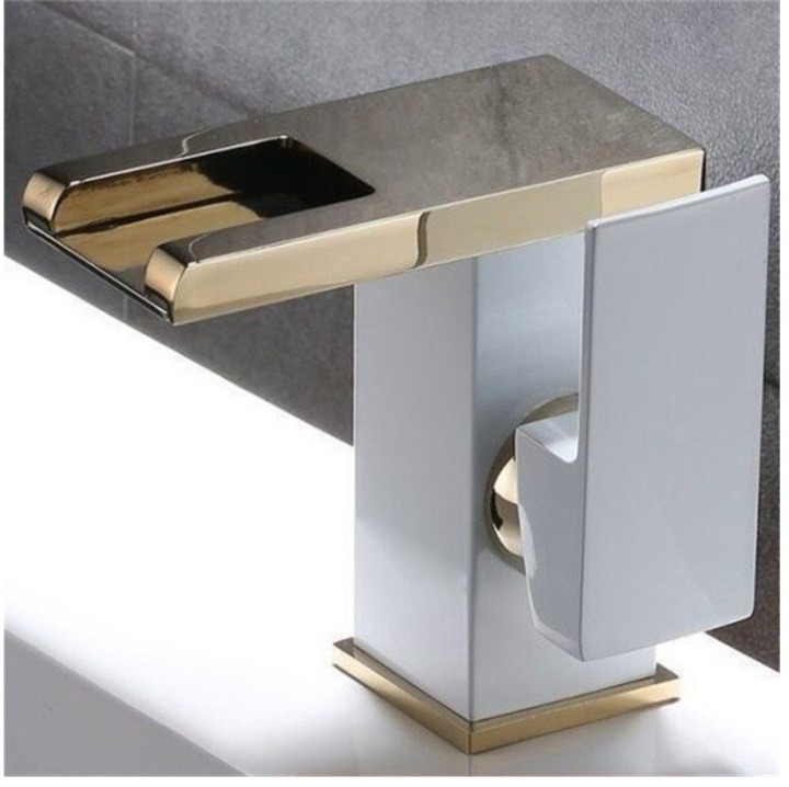 Baterie lavoar LED 3 culori, tip cascada, alb/auriu, inox, 125x50mm