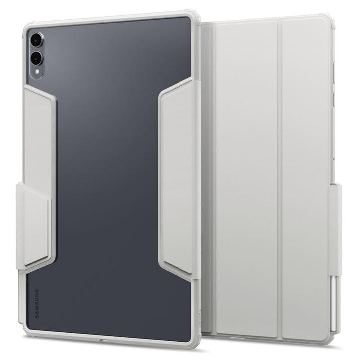 Spigen ultra hybrid pro tabletvédő álló, bőr hatású, flip, oldalra nyíló, trifold, asztali tartó, ceruza tartó, világosszürke, kompatibilis: Samsung Galaxy Tab S11 Ultra 5G, SM-X936B, / Galaxy Tab S11 Ultra WIFI, SM-X930