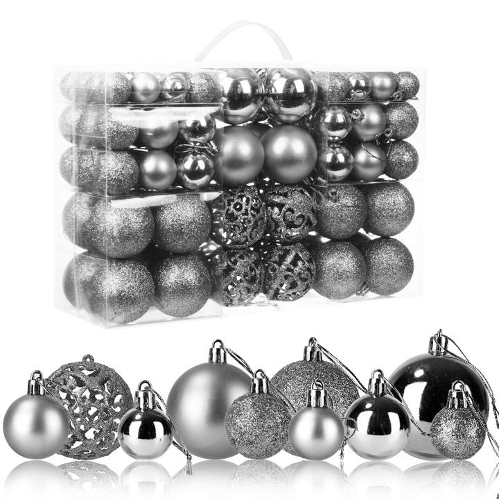 Set 100 globuri de Craciun, argintii, 3 dimensiuni, 4 stiluri, polistiren