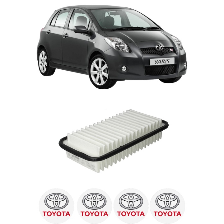 Filtru aer TOYOTA YARIS (_P9_) 1.33 VVT-i (NSP90_, NSP90R) din 2010-2011 KW 73 CP 99 CMC 1329, Bosh, Auto, 4x Stickere auto cu TOYOTA