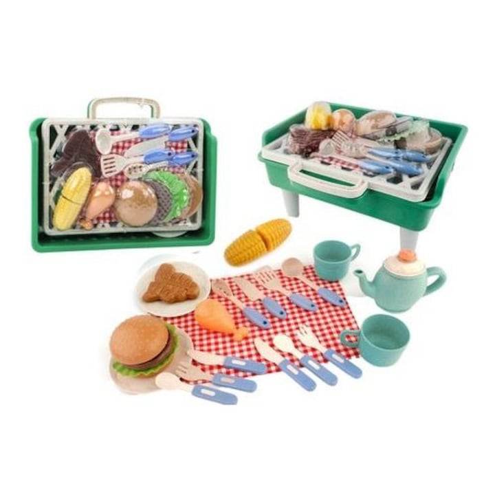 Set de gratar pentru copii, LEANToys, mini gratar, 2x lingurita, 2x furculita, 2x cutit, 30,5x21x16,5cm