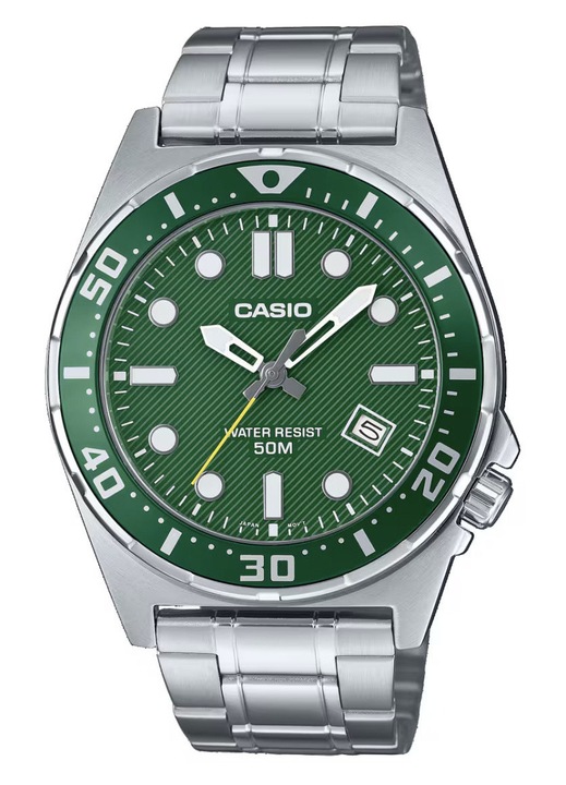 Ceas barbatesc Casio MTD-135D-3A, mecanism quartz, bratara si carcasa din otel inoxidabil, verde, 44x9mm