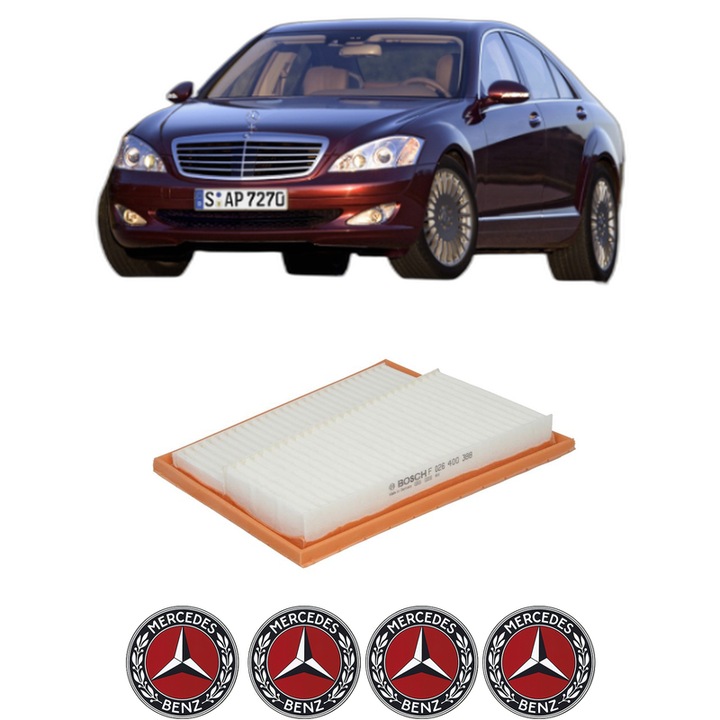 Filtru aer MERCEDES-BENZ S-CLASS (W221, V221) S 350 CDI 4-matic (221.080, 221.180) din 2009-2013 KW 173 CP 235 CMC 2987, Auto, Bosch, 4x Stickere auto cu MERCEDES-BENZ