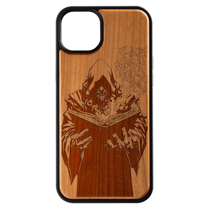 Калъф Emissio Grimoire съвместим с iPhone 15 Plus, гравирано естествено дърво MagSafe