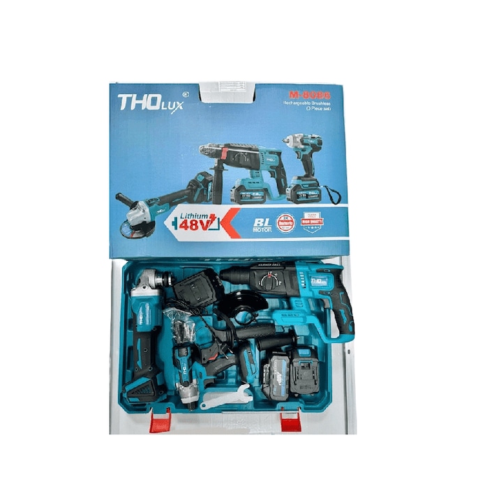Set de scule fără fir 3 în 1, THO M-8086 fără perii, 4Ah, bormașină cu impact, polizor unghiular, șurubelniță cu impact