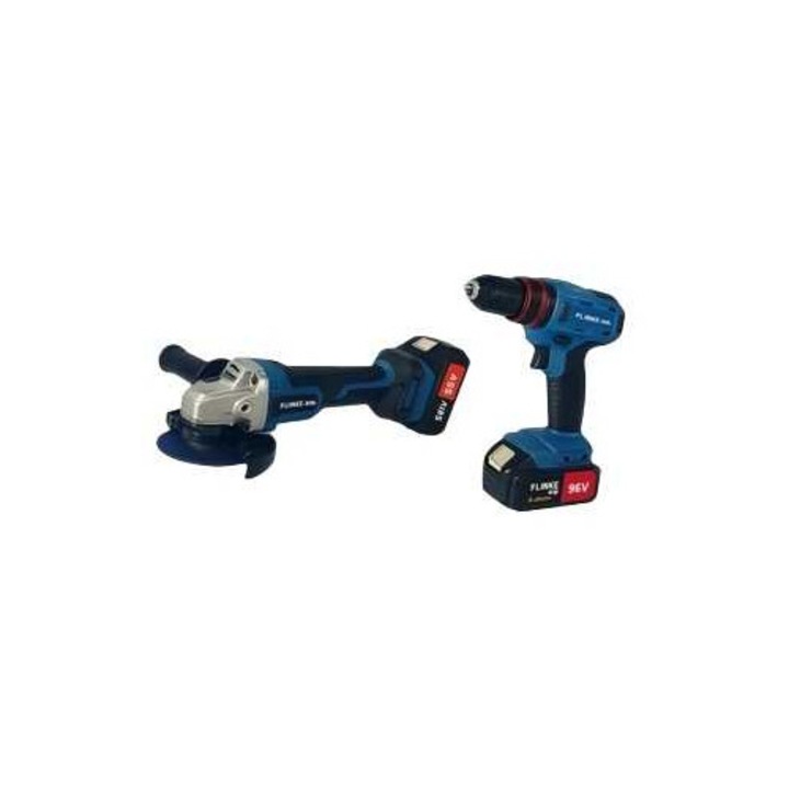 Set de scule fără fir Flinke FK-8046 3 în 1, 96V, 30000mAh, mașină de găurit cu percuție, polizor unghiular, șurubelniță cu 2 acumulatori