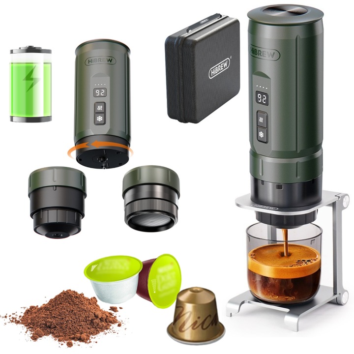 Espressor portabil HiBREW H4C set pentru Car & Home Camping, 20 bar, 7500mAh baterie, 100ml, Compatibil cu capsule Nespresso Dolce Capsule Pulbere, verde
