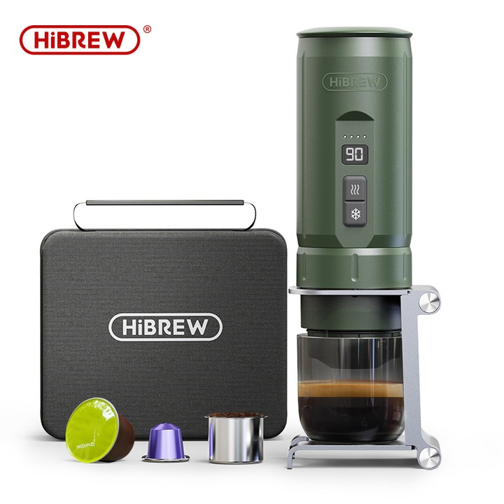 Еспресо машина HiBREW H4C комплект за кола и домашен къмпинг, 20 бара, 7500mAh батерия, 100мл, съвместим с капсули Nespresso Dolce и мляно кафе, зелен