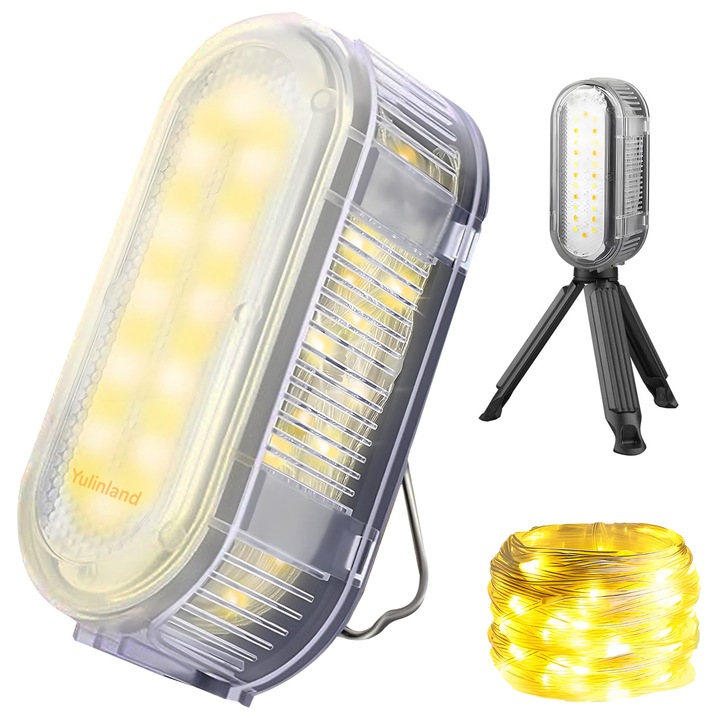 Къмпинг лампа 7 в 1, Yulinland®, 7 режима на осветление, Със стойка, Може да се закача, магнитна, IP44 водоустойчива, USB зареждане, Мобилно зареждане, 6.5м светлинна лента, сива