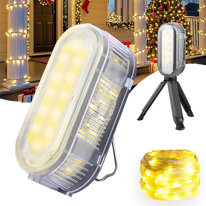 Lampa de camping 7-in-1, Yulinland®, 7 moduri de iluminare, Cu suport, Poate fi agatat, magnetic, IP44 Impermeabile, incarcare USB, Incarcare mobila, banda luminoasa 6.5m, gri