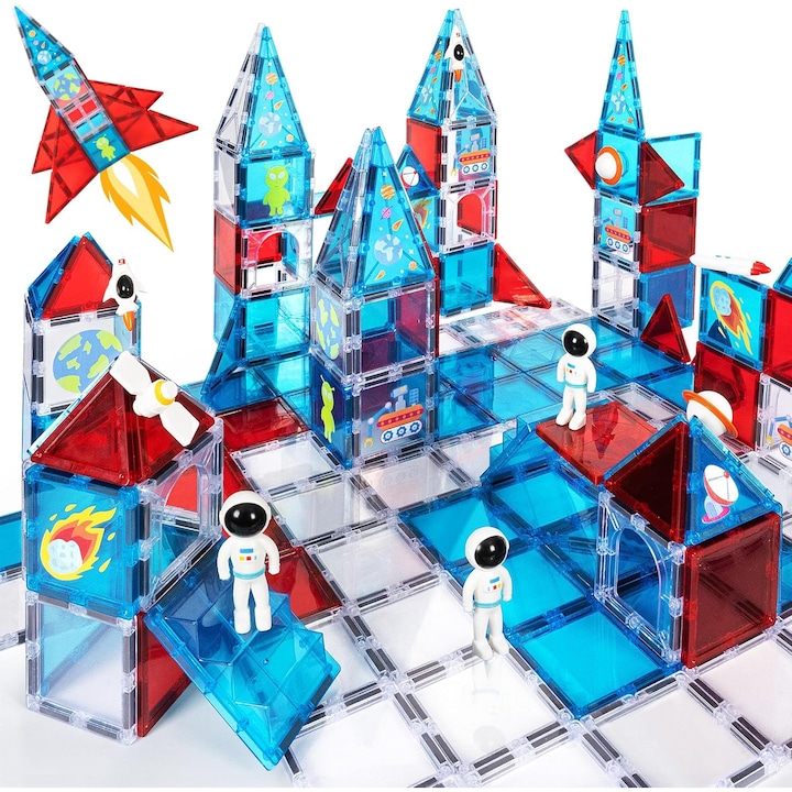 Комплект за конструиране с магнитни плочки, Morovan, Интелигентен 3D магнитен конструктор, 60 части, образователни играчки за деца, множество възможности за креативно конструиране, развиване на двигателните умения и въображението, 3 години +, Син