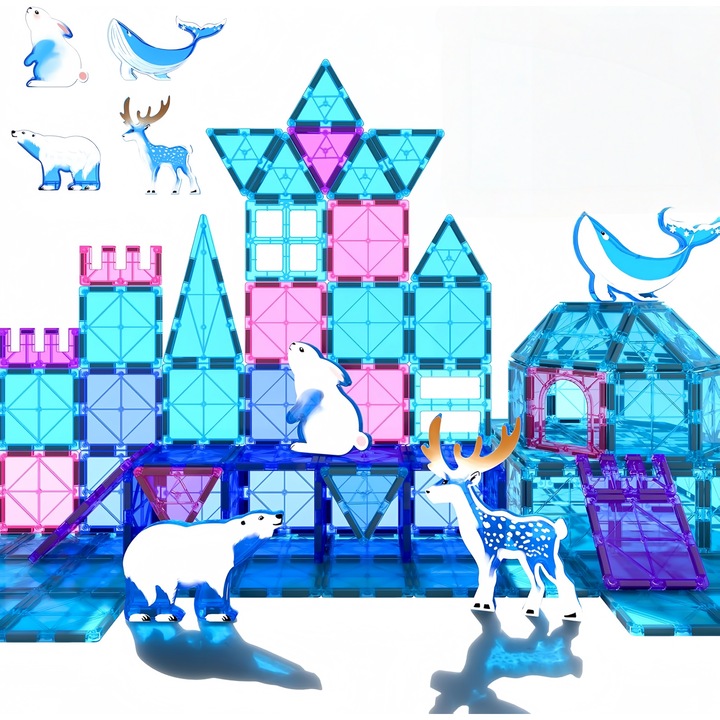 Set de constructie cu placi magnetice, Morovan, Animale de gheata si zapada 32 de Piese, Dezvoltarea Abilitatilor Motrice si a Imaginatiei, Jucarie Educativa pentru Copii 3+ Ani, multicolor