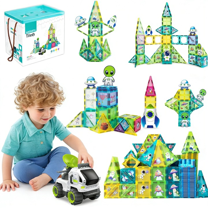 Set de constructie cu placi magnetice, Morovan, Tema spatiala 32 de Piese, Dezvoltarea Abilitatilor Motrice si a Imaginatiei, Jucarie Educativa pentru Copii 3+ Ani, Verde