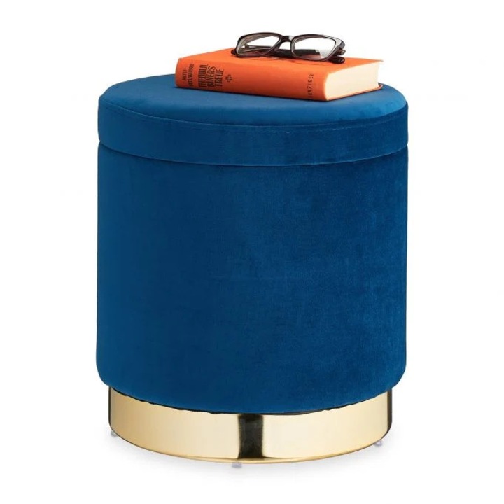 B2X kerek sötétkék bársony puff, tárolóval, 42x39x37.5cm