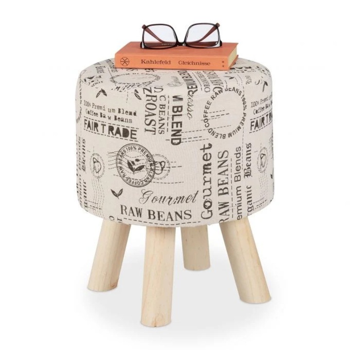 B2X dekoratív ülőke textil anyagból, kávézó mintával, 40.5x33.6x33.6cm