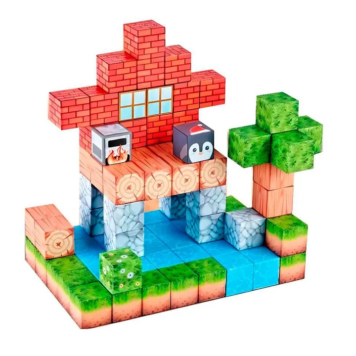 Комплект магнитни кубчета Creative тип Minecraft, 87 части, многоцветни, Toyska®