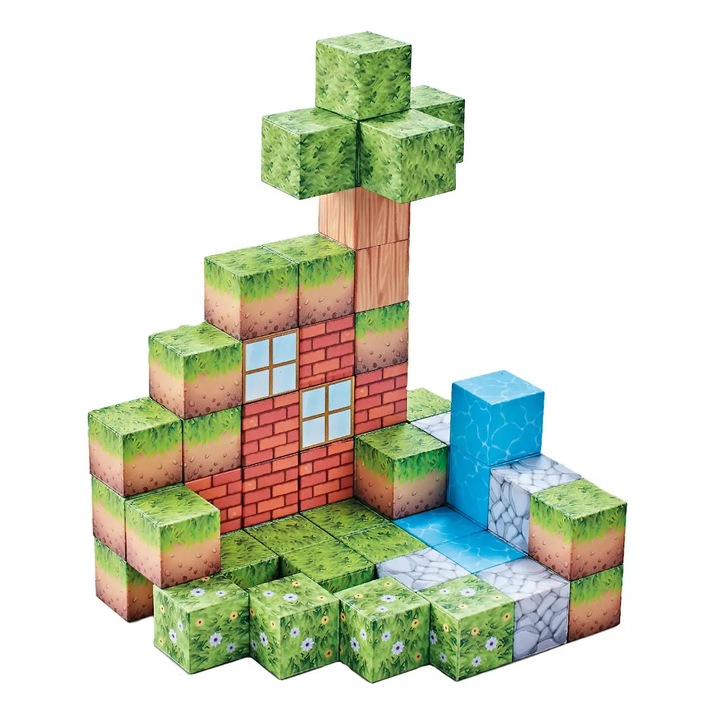 Комплект магнитни кубчета Creative тип Minecraft, 48 части, многоцветни, Toyska®