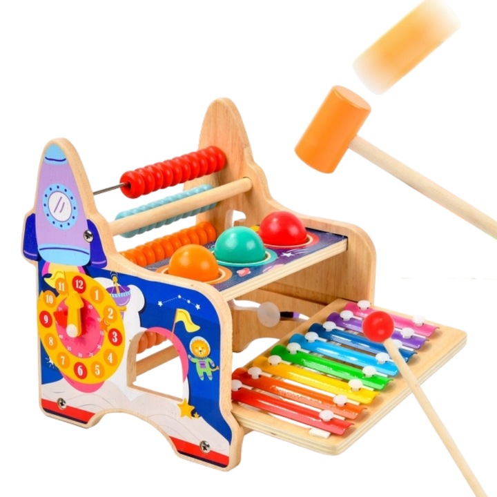 Montessori 4 az 1-ben oktatójáték, MzcrJosv®, fa, golyós kalapács, színes xilofon, abakusz és tanulóóra, interaktív játék gyerekeknek, zenei és motoros fejlődés, többszínű