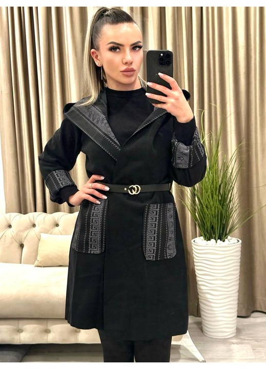 Жилетка Три Четвърти, Дамска, Качулка, Колан, Луксозна, Един Размер, Черна